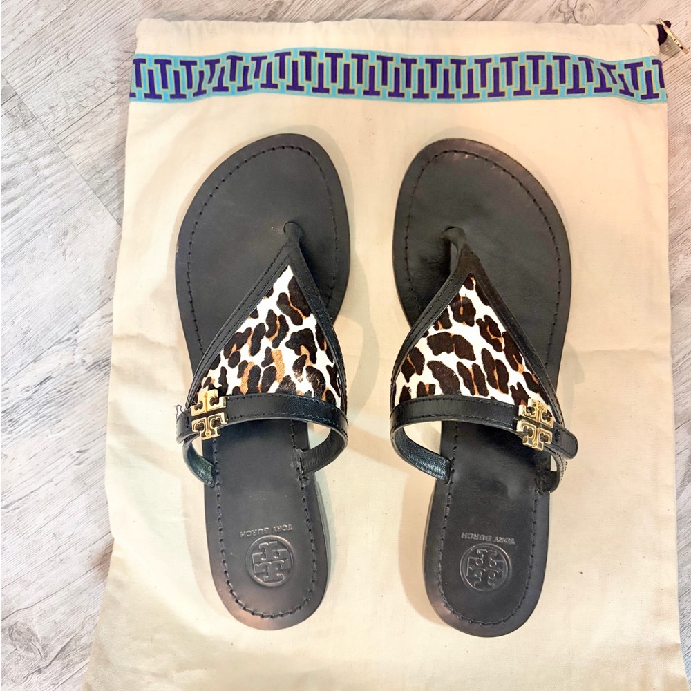 Tory Burch Black Leather Sandals with Leopard print genuineCalf hair & Gold Logo